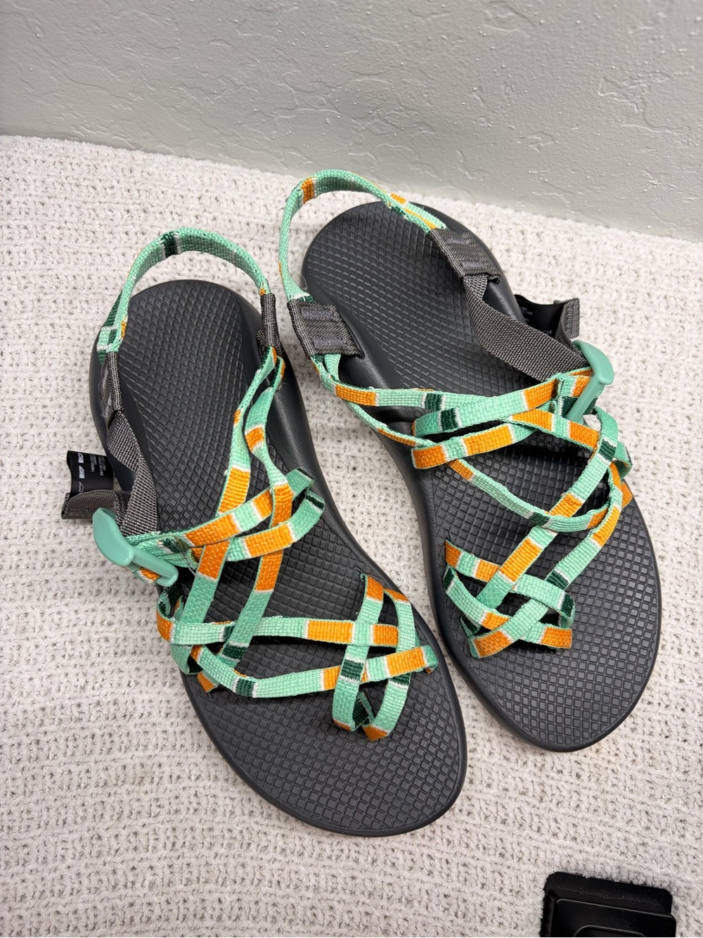 Chaco Women's Sandals in Mint and Orange with Black Soles